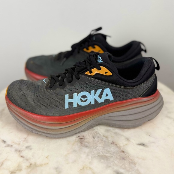 Hoka One One Bondi 8 Mens 9 Shoes Gray Red Running Sneaker 1123202 ACTL Gym - Picture 3 of 11